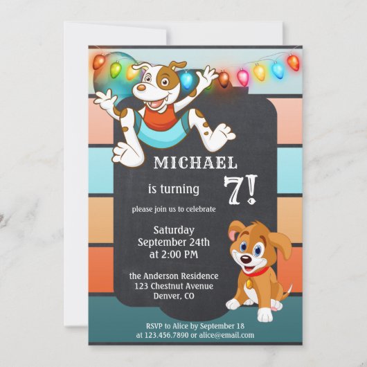 チョークカラフルボードキュートドッグ子供の誕生日 招待状 (正面)