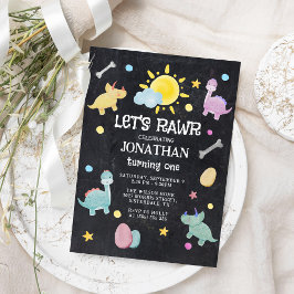 チョークカラフルボード恐竜1歳の誕生日 招待状