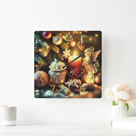 チョークスケッチクリスマスツリーキャンドル天使 スクエア壁時計 (ホーム)