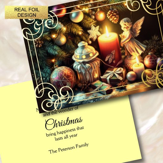 チョークスケッチクリスマスツリーキャンドル天使 箔シーズンカード