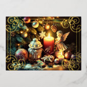 チョークスケッチクリスマスツリーキャンドル天使 箔シーズンカード (正面)