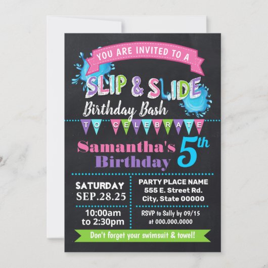 チョークスリップまたは滑ることボードとスライド誕生日bashピンクのパーティー 招待状 (正面)