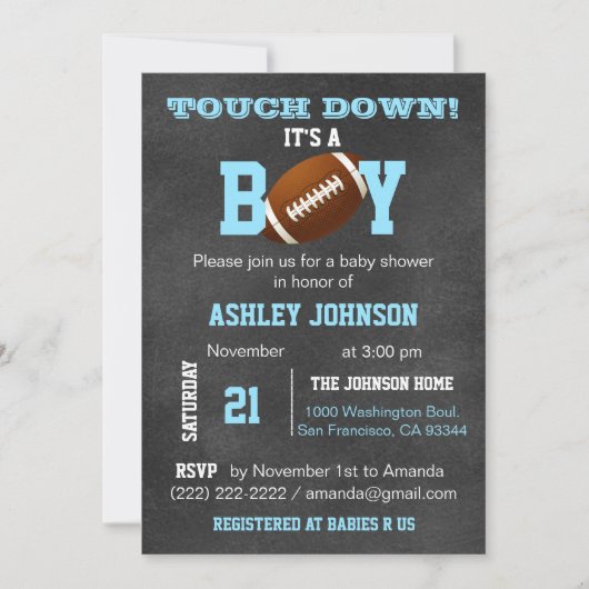 チョークパーソナライズされたボードサッカーテーマベビーシャワー 招待状 (正面)