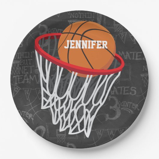 チョークパーソナライズされたボードバスケットボールとフープ ペーパープレート (正面)
