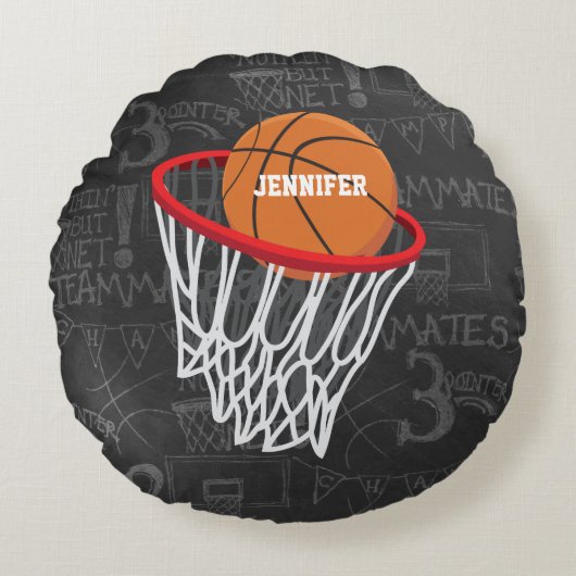 チョークパーソナライズされたボードバスケットボールとフープ ラウンドクッション (正面)