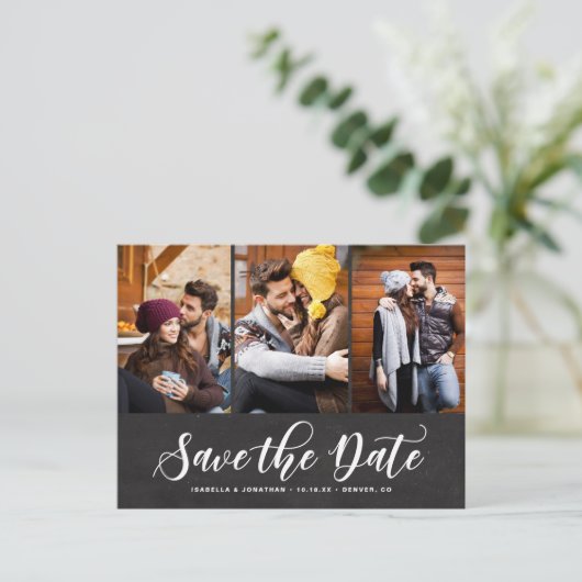 チョークフェイクボード3枚の写真コラージュ日付を保存 案内ポストカード (スタンド正面)