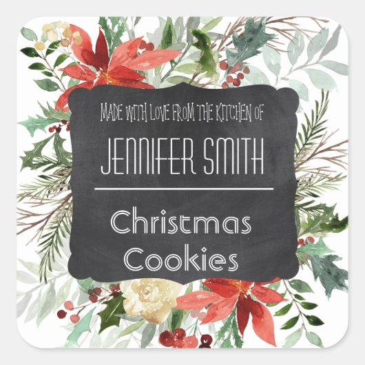 チョークフローラホリデークリスマスベーカリー焼いたクッキー スクエアシール (正面)