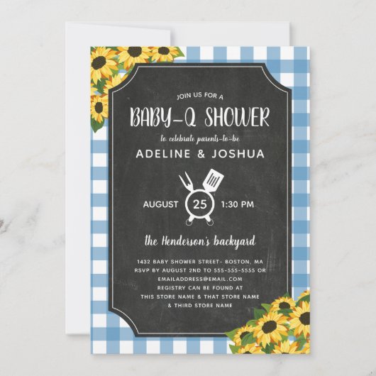 チョークブルーギンガムサンフラワーボーイベビー- Qシャワー 招待状 (正面)