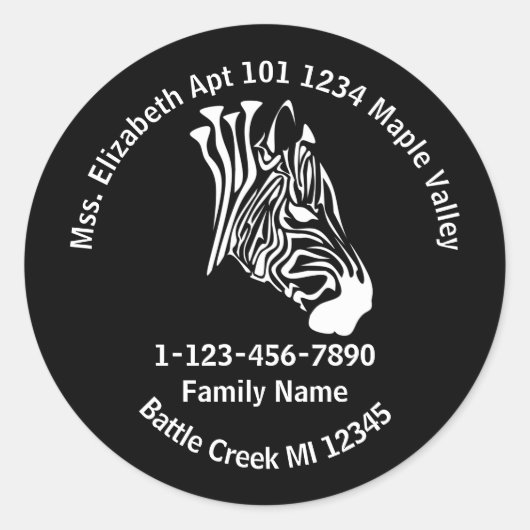 チョークホワイトゼブラ失ったファミリーホームアドレスボトル ラウンドシール (正面)