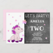 チョークボードかわいいピンクのユニコーン誕生日 招待状 (正面/裏面)