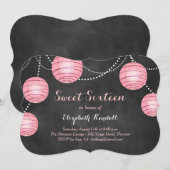 チョークボードにピンクのランタン Sweet Sixteen 招待状 (正面/裏面)