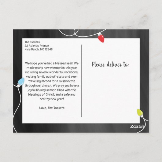 チョークボードの写真コラージュ「クリスマスおめでとう」 ポストカード (裏面)