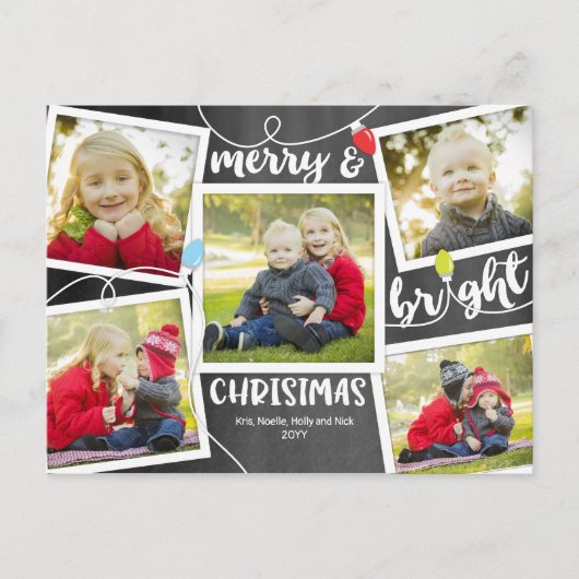 チョークボードの写真コラージュ「クリスマスおめでとう」 ポストカード (正面)