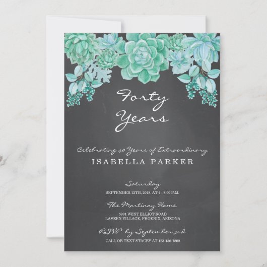 チョークボードの女性の誕生日招待状におすすめの多肉植物 招待状 (正面)