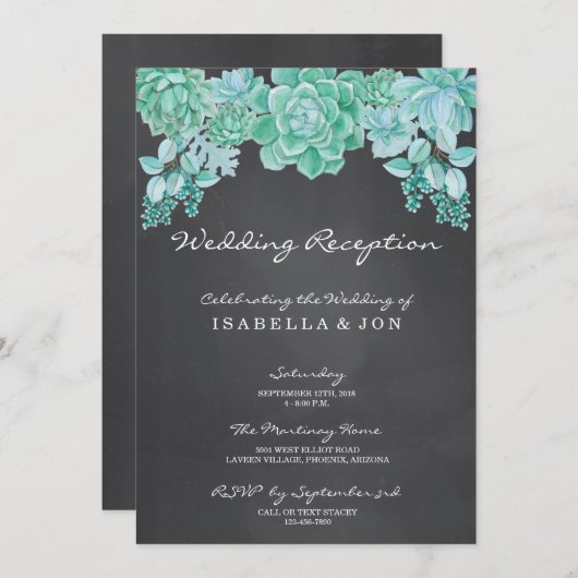 チョークボードの結婚式の披露宴のみの多肉植物 招待状 (正面/裏面)