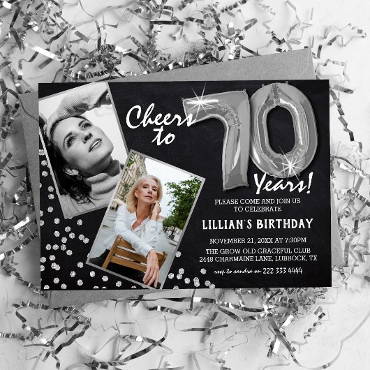 チョークボードシルバーバルーン 2 写真 70歳の誕生日 招待状