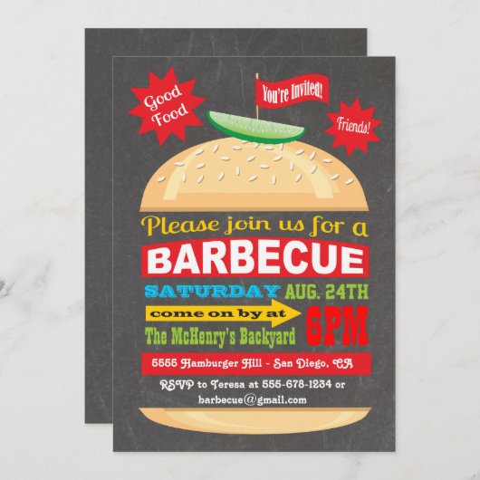 チョークボードハンバーガーバーベキューパーティの招待状 招待状 (正面/裏面)