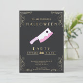 チョークボードブラック&金ゴールドブッチャーナイフハロウィーン 招待状 (スタンド正面)