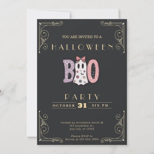 チョークボードブラック&金ゴールドブーブキュート幽霊ハロウィーン 招待状 (正面)