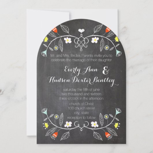 チョークボードミントオレンジフローラガーランド結婚ズ 招待状 (正面)