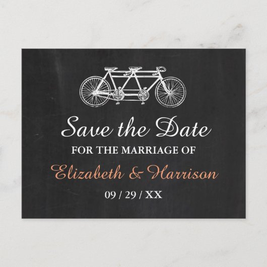 チョークボード結婚式のタンデム自転車の日付を保存 案内ポストカード (正面)