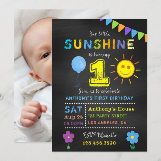 チョークボード1歳の誕生日リトルサンシャインボーイパーティー 招待状 (正面/裏面)