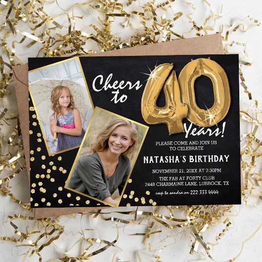 チョークボード ゴールド バルーン 2 写真 40歳の誕生日  招待状