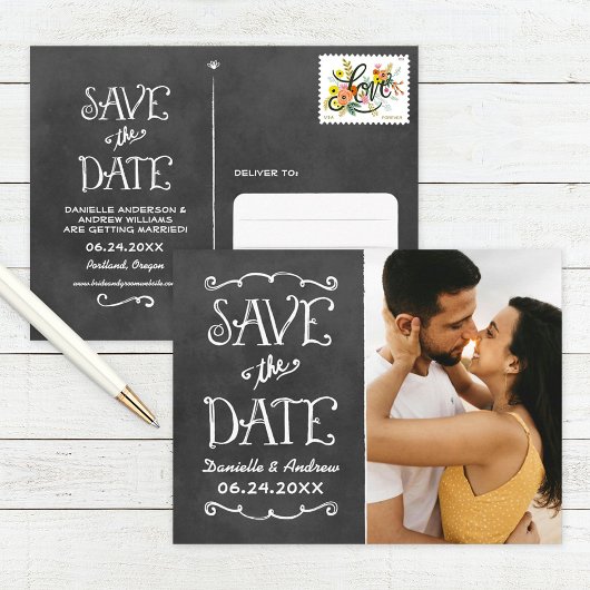チョークボード スクリプト 写真付き Save the Date 案内ポストカード