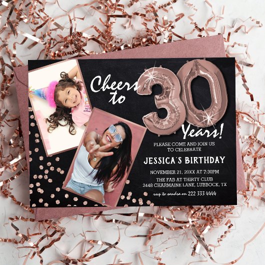 チョークボード ローズゴールド 風船 2 写真 30歳の誕生日 招待状