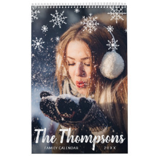 チョークモダンスクリプト雪片ファミリー写真 カレンダー