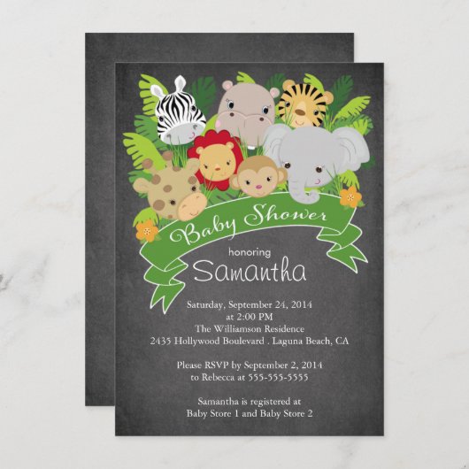 チョークモダンボードジャングルサファリ動物ベビーシャワー 招待状 (正面/裏面)