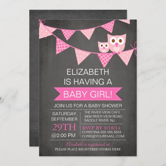 チョークモダンボードバンティンフクロウ女の子の赤ちゃんシャワー 招待状 (正面/裏面)
