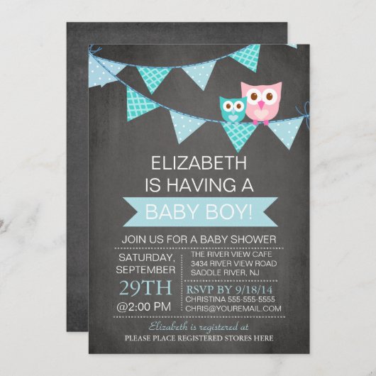 チョークモダンボードバンティンフクロウ少年ベイビーシャワー 招待状 (正面/裏面)