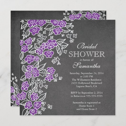 チョークモダンボードフラワーパープルブライダルシャワー 招待状 (正面/裏面)