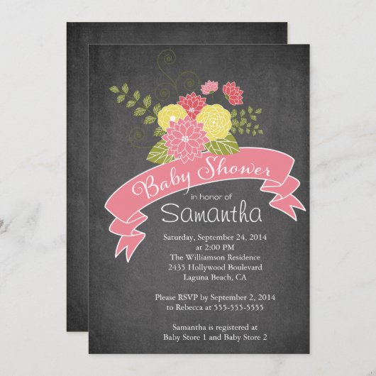 チョークモダンボードフローラベビーシャワー招待状 招待状 (正面/裏面)