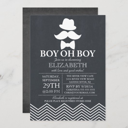 チョークモダンボード小さな男の口ひげ赤ちゃんシャワー 招待状 (正面/裏面)