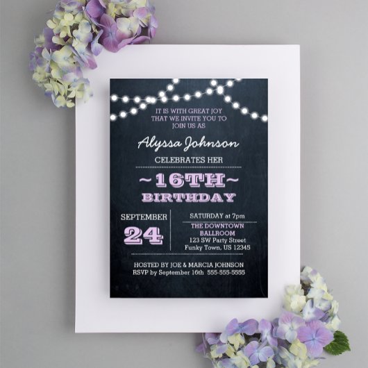チョークライトラベンダー16th誕生日Sm招待状 招待状