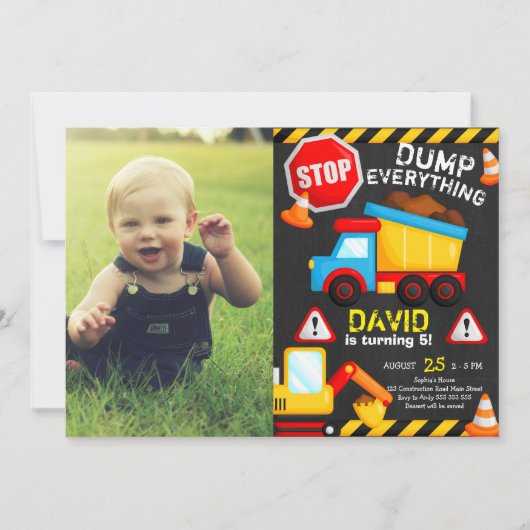 チョーク建築誕生日ボーイトラック(写真付き) 招待状 (正面)