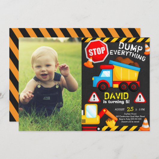 チョーク建築誕生日ボーイトラック(写真付き) 招待状 (正面/裏面)