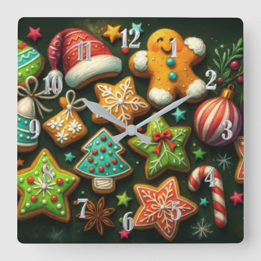 チョーク画で飾られたクリスマスクッキー グリーン スクエア壁時計 (正面)