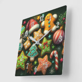 チョーク画で飾られたクリスマスクッキー グリーン スクエア壁時計 (傾斜)