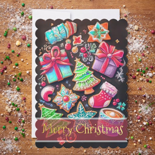チョーク画で飾られたクリスマスクッキー ブラウン カード