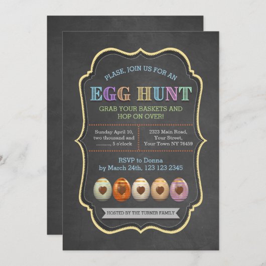 チョーク素朴カラフルイースターエッグ狩りパーティー 招待状 (正面/裏面)