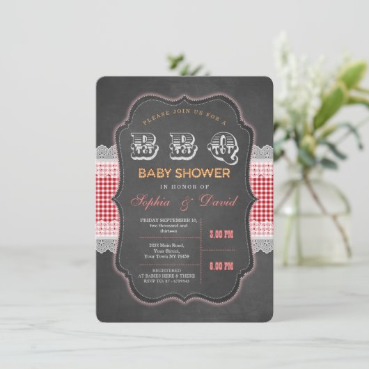 チョーク素朴ギンガムベビーシャワーバーベキュー招待状 招待状 (スタンド正面)