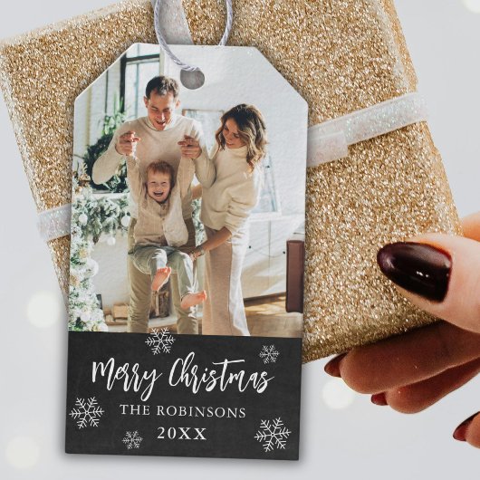 チョーク素朴ボードのスノーフレーク写真クリスマス ギフトタグ