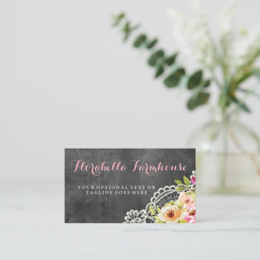 チョーク素朴ボードファームハウスバラレースシャビーシック 名刺 (スタンド正面)