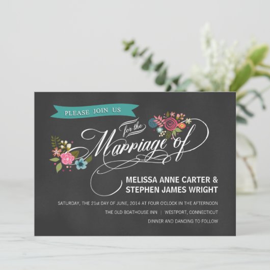 チョーク素朴ボードフローラバナー結婚式の招待 招待状 (スタンド正面)