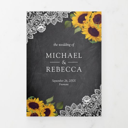 チョーク素朴ボードレースひまわり結婚の写真 三つ折り招待状 (カバー)
