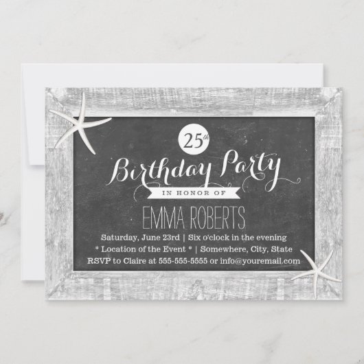 チョーク素朴ボード木枠ヒトデ誕生日 招待状 (正面)