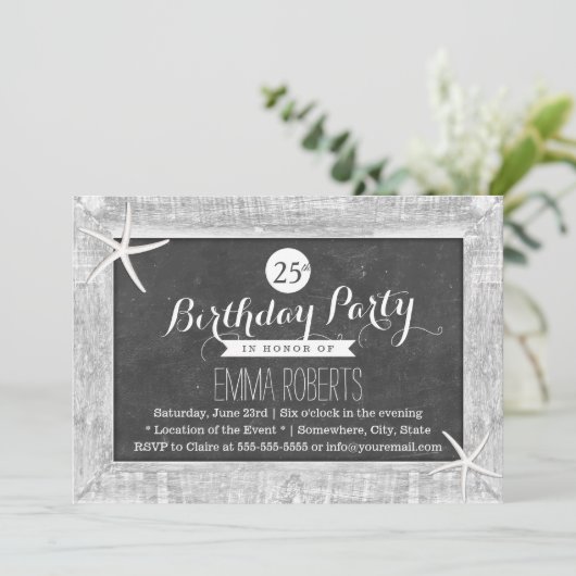 チョーク素朴ボード木枠ヒトデ誕生日 招待状 (スタンド正面)